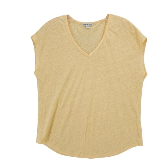 STANDARD JAMES PERSE Yellow Linen Woven V-Neck Tee Rounded Hem Sz 3 - LARGE - Picture 1 of 5